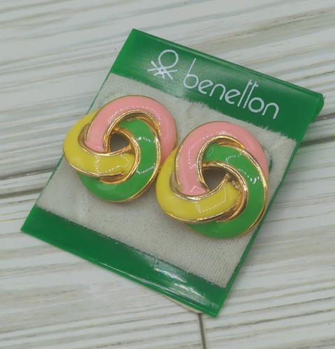 Benetton Green Yellow Pink Enamel Swirl Earrings 1980's - Picture 8 of 9