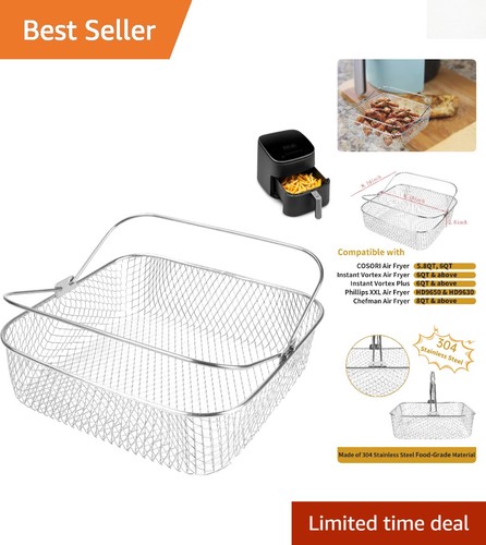 304 Stainless Steel Square Air Fryer Basket - Dishwasher Safe & Easy-Lift Handle
