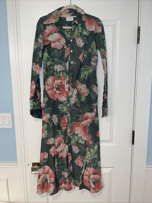 Erdem Floral Print Linen Shirtdress Green With Beautiful Flower Artistic Design
