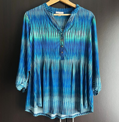 Dressbarn CB Established 1962 Women's 1X Blue Pleated Henley Tunic Blouse