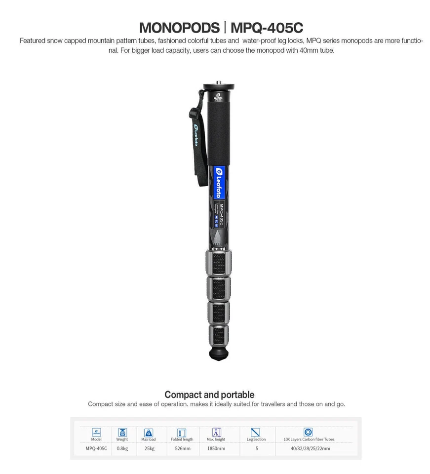 Leofoto Monopod MPQ-405C 5-Section CF Waterproof Leg Locks with Case - Image 2 of 4