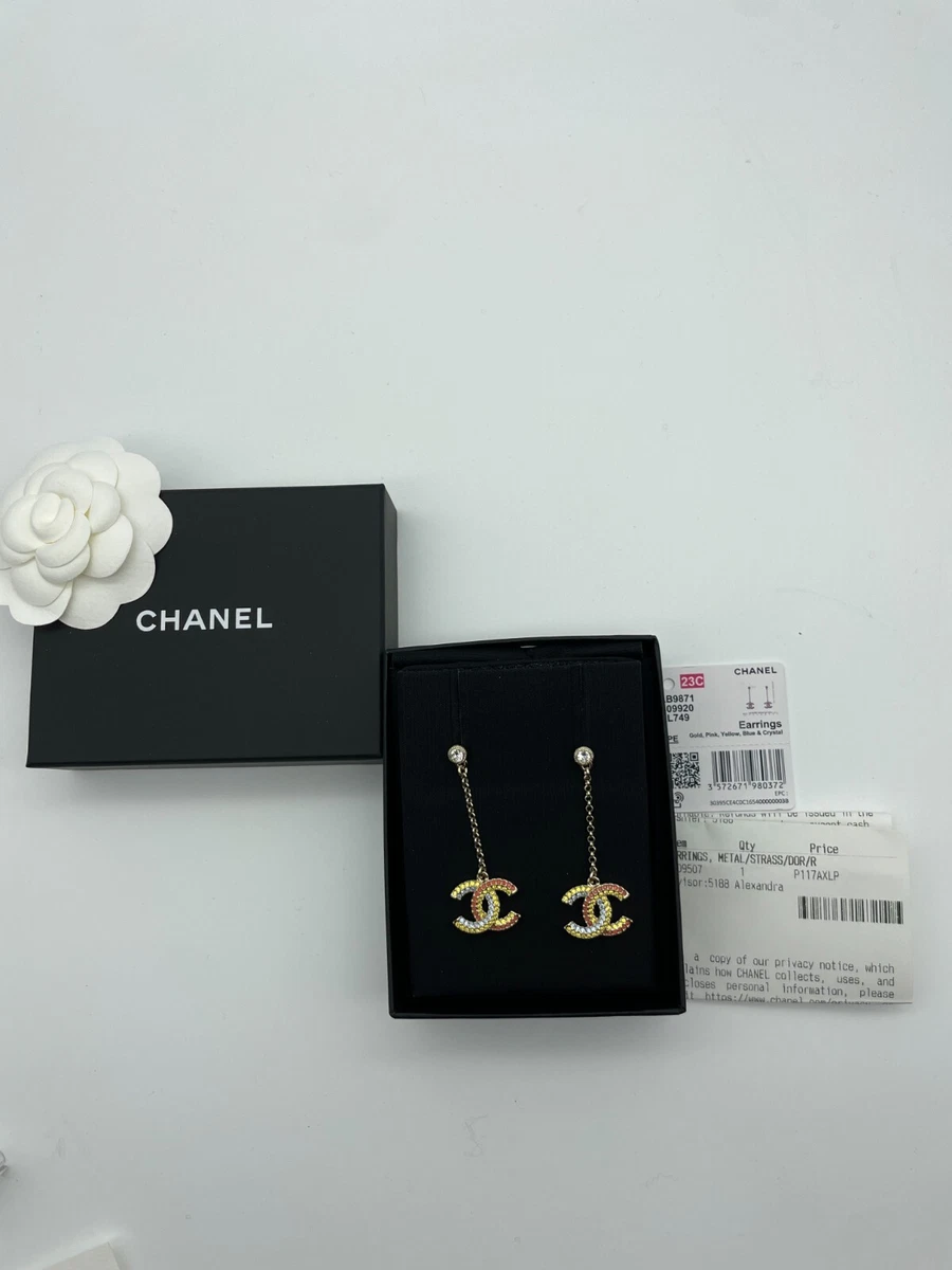 CHANEL NL749 NWB GOLD TONE CHAIN DROP MULTICOLOR CRYSTAL DANGLE EARRINGS