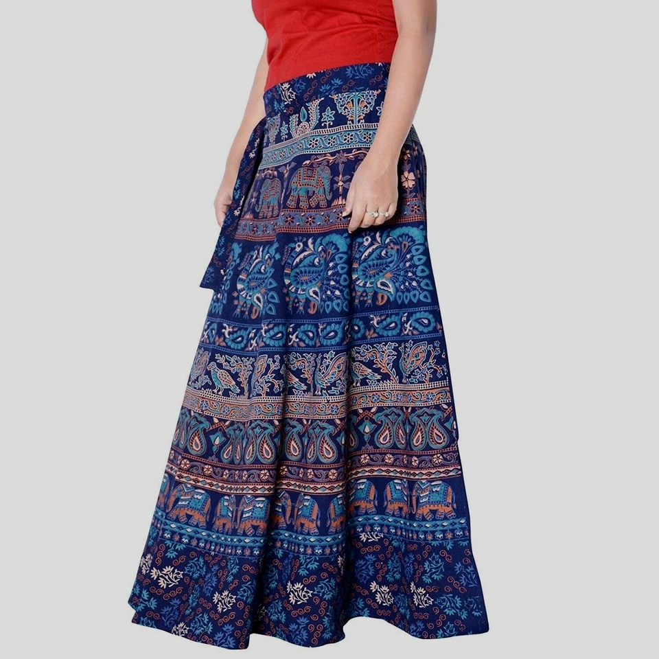 Indian Woman Elephant Mandala Cotton Wrap Skirt Around Maxi Dress Blue Long Gown - Image 2 of 4