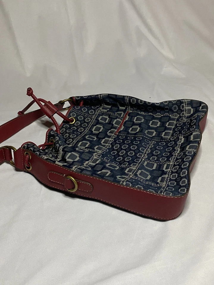 Y2K девять West джинсовой ткани сумка с короткими ручками красный искусственной кожи отделки шнурка наплечная сумка лоскутное одеяло - Изображение 3 из 4