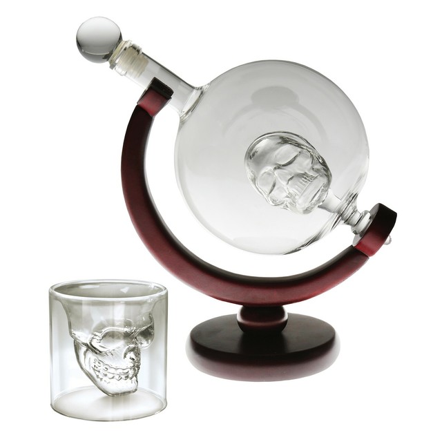 Aerating Human Skull Globe Decanter and Drinking Glass Set Includes 2