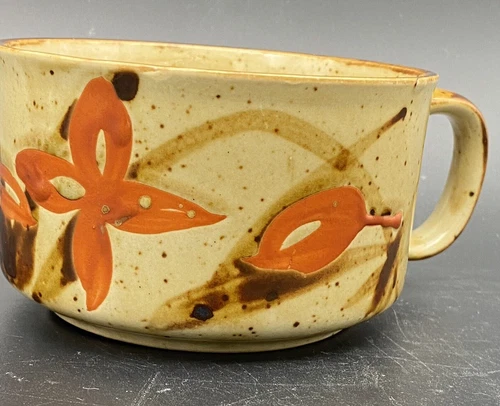 Vintage Stoneware Soup Mug Speckled Orange Flowers 1970s Retro 12 Oz. Coffee Mug