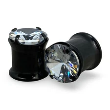 Pair 316L Black Steel Double Flare Plugs with Prong Set Clear CZ (PS-151) gauges