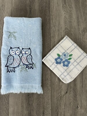 Vintage Fieldcrest /Cannon Hand/ Wash Towel Set Flowers Owls Blue
