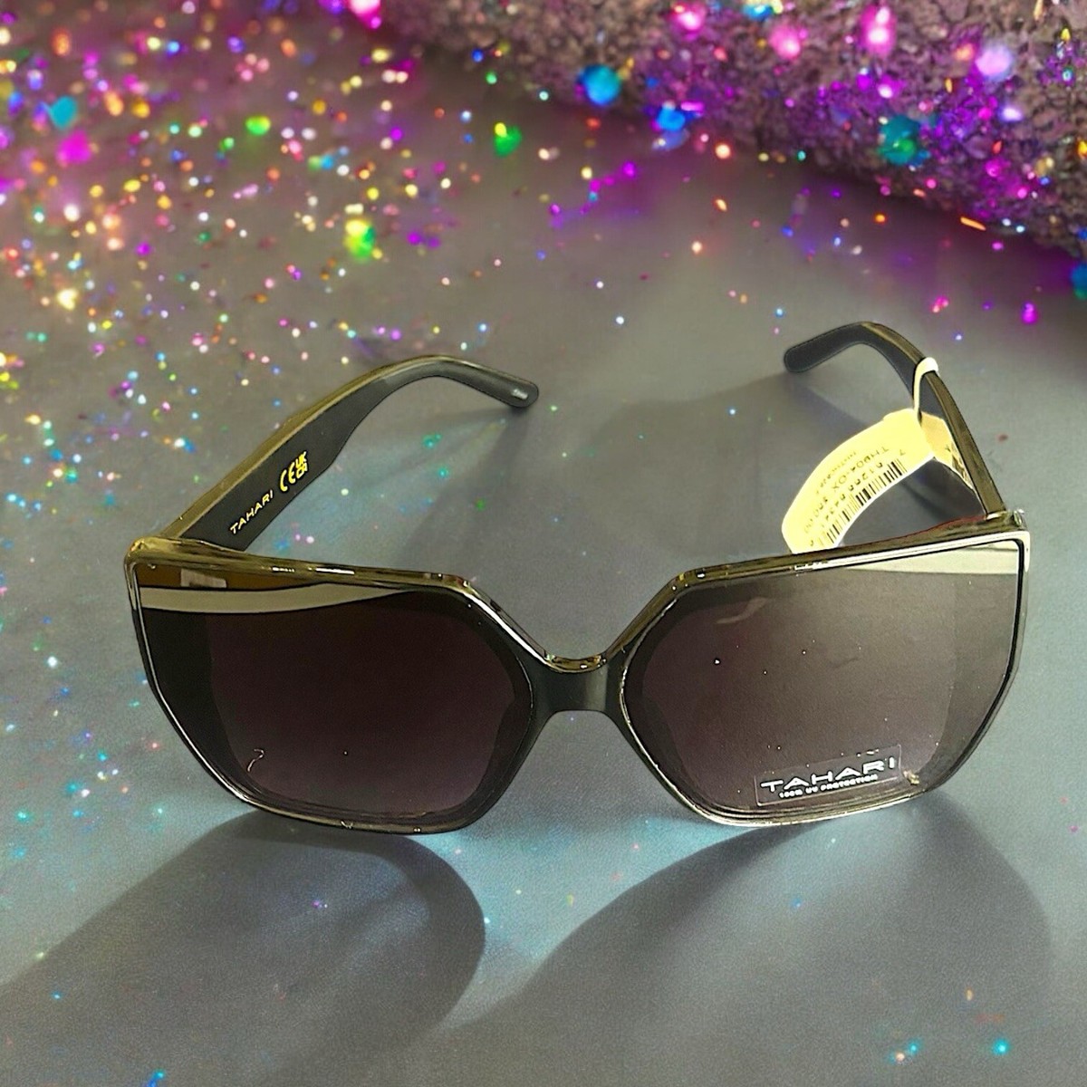 NWOT Tahari ox black embellished sunglasses Tahari Cat Eye Square Sunglasses Shiny Black Frame Gray  main image 2