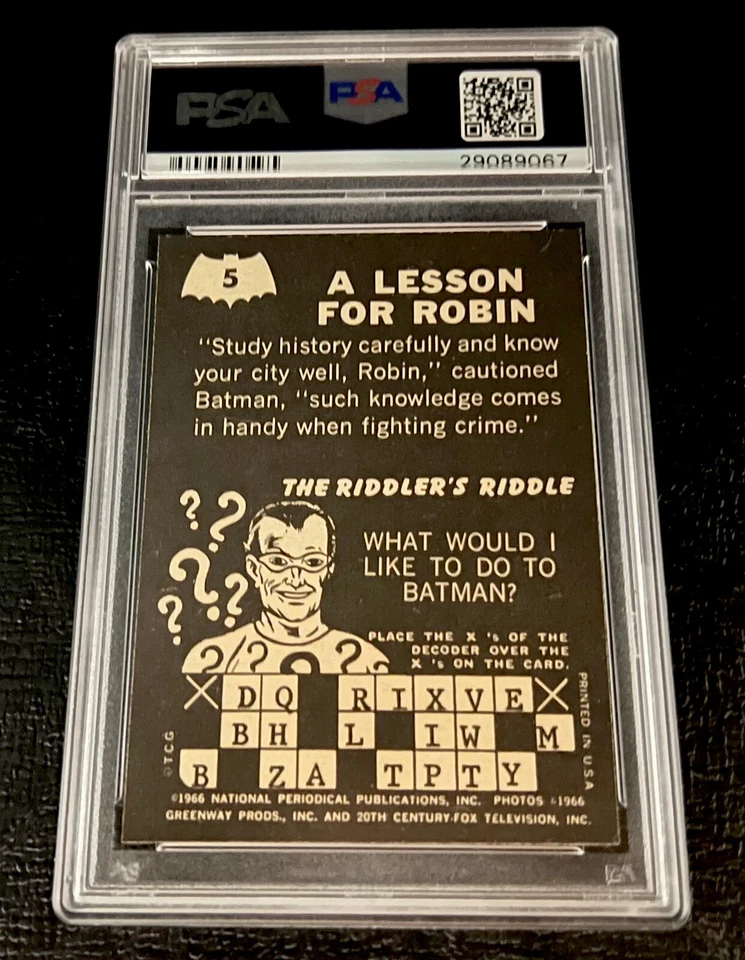 PSA 7 1966 Batman Riddler Back #5 A Lesson For Robin Card Topps TV 1960s NM - Image 2 of 2