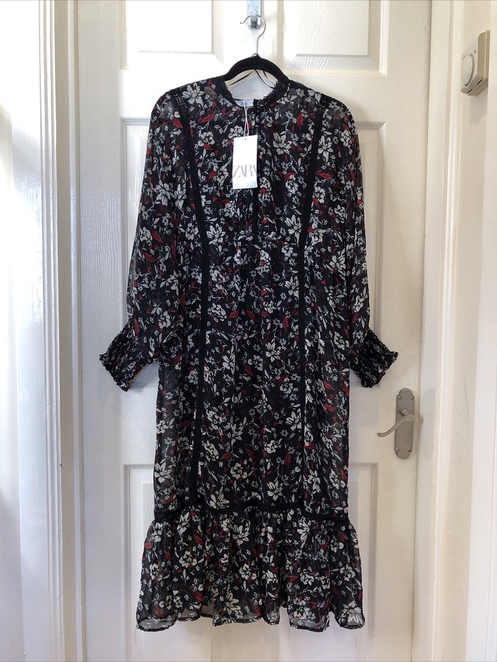 'ZARA' LONG BLACK FLORAL LONG SLEEVED DRESS SIZE M BNWT eBay