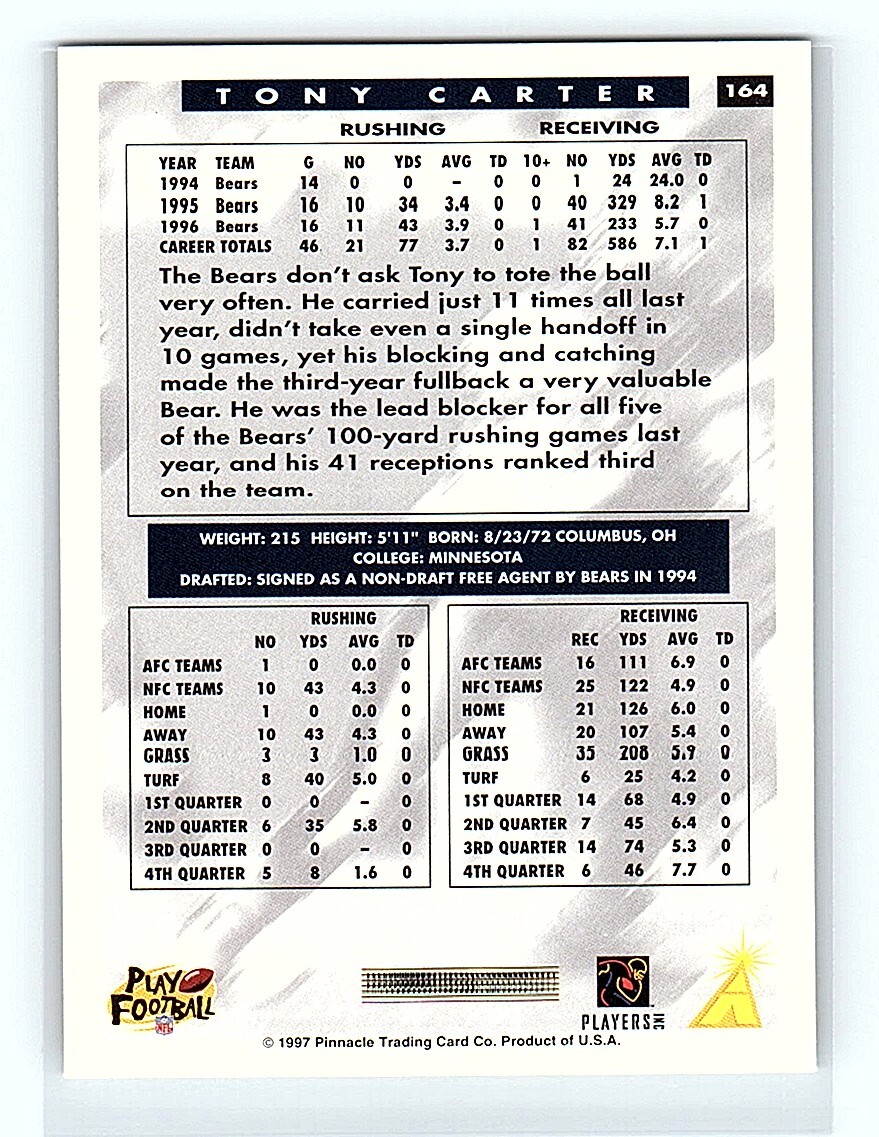 1997 Score Tony Carter Chicago Bears #164 | eBay