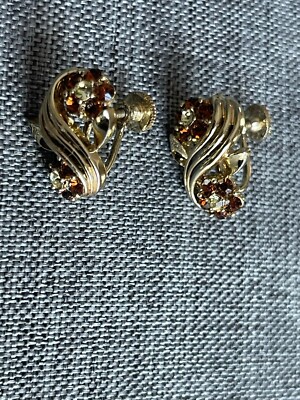 Listner Topaz Rhinestone Earrings Screw Back Gold Tone Flower Statement Cocktail