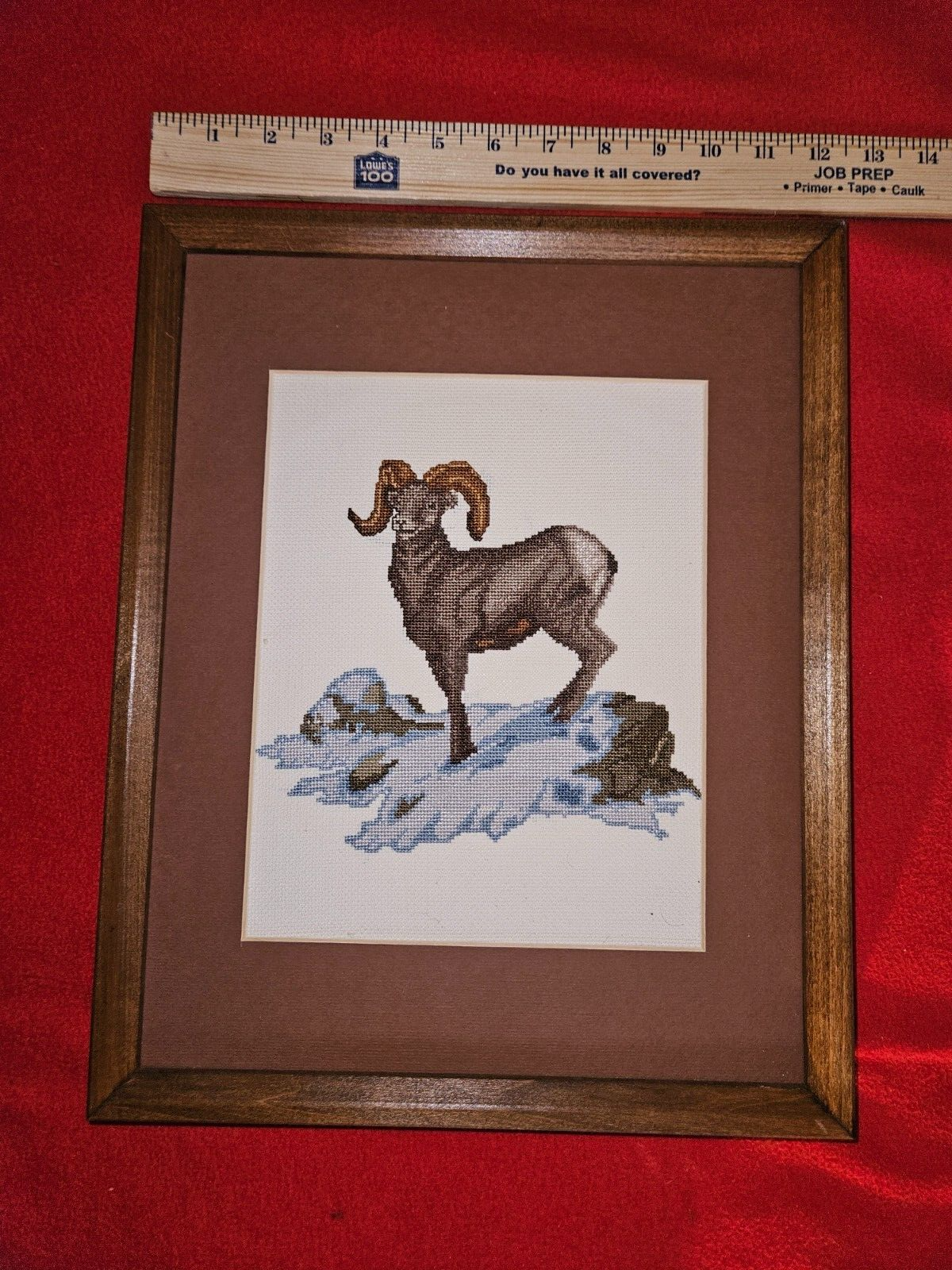 Hand Crafted Big Horn Sheep Cross Stitch Professionally Framed/ W 12'' x H 15''
