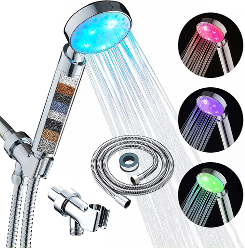 7-Color Changing LED Handheld Shower Head - High Pressure Waterfall Spray With 15 LEDs (Silver)