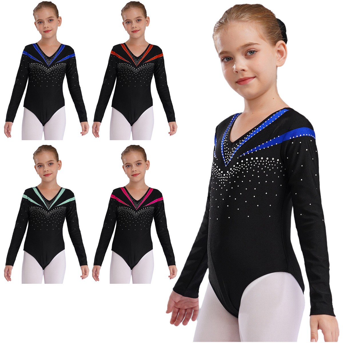 Kids Girls Bodysuit Ballet Jumpsuit Rhinestone Leotards Long