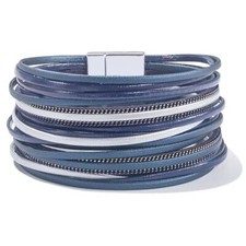 Boho Leather Wrap Bracelet Stackable Layered Bangle Cuff with Magnetic Blue