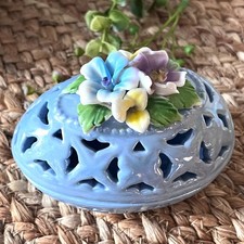 Vintage Blue Lusterware Reticulated Egg Trinket Dish Dimensional Floral Details
