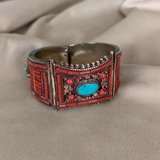 Antique Handmade Tibetan Sterling Silver Red Coral and Turquoise Bracelet