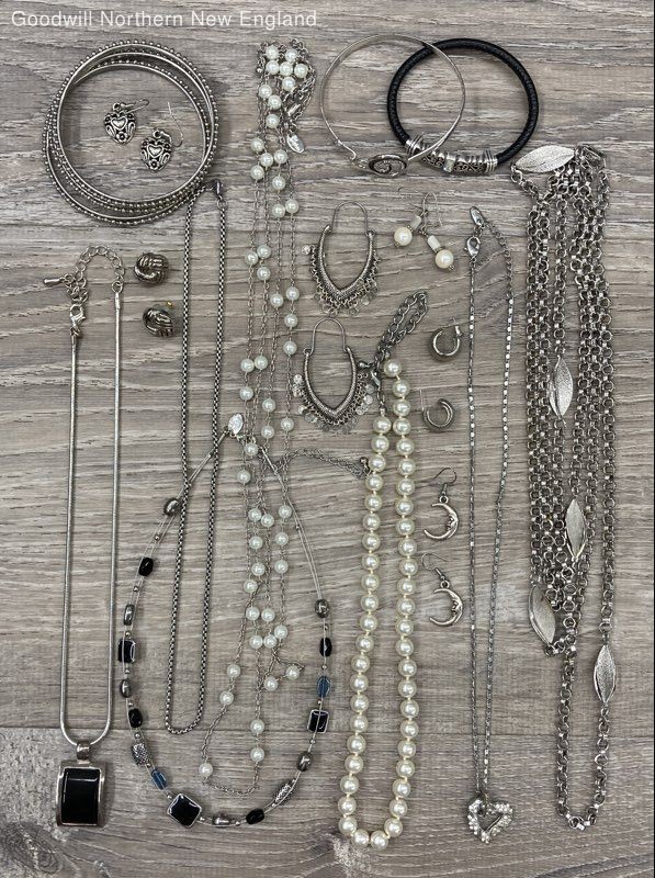 Silver Tone Costume Jewelry Lot w. Black White Necklaces Bracelets Earrings
