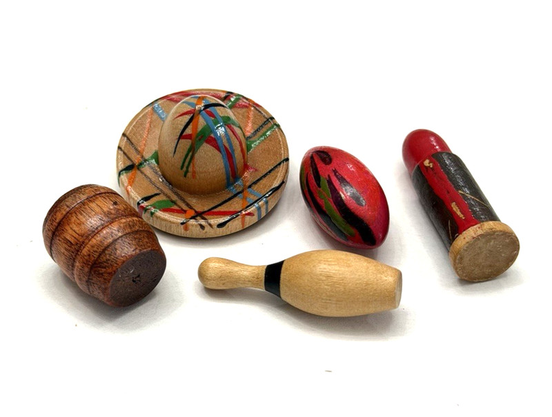 Vintage Lot of 5 Novelty Wood Buttons - Barrel, Lipstick, Sombrero, Bowling (W4)
