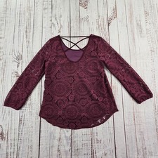 Y2K Ing Wine Red Crochet Overlay Flowy Dark Fairy Romantic Peasant Blouse M