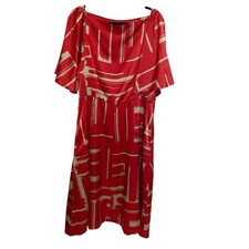 Banana Republic Dress Womens Size 16 Red Tan Print Geometric Silky Career Party