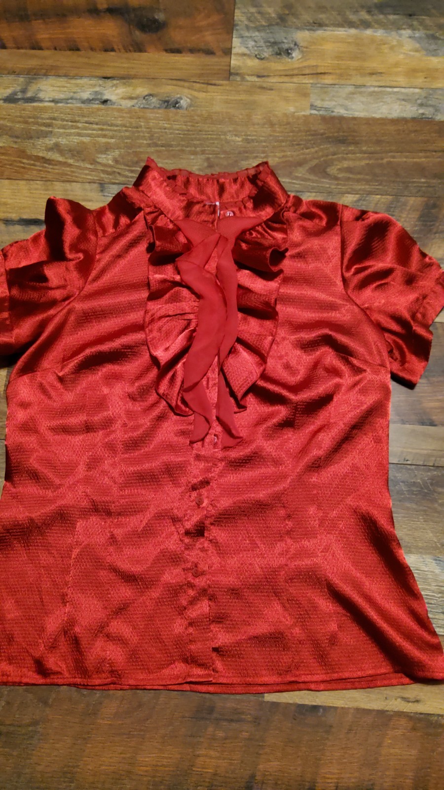 Worthington Women's Red Satin Ruffle Collared Short Sleeve Button Blouse Size L