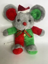 Vintage Christmas Mouse Plush Stuffed Animal Toy Red Green Gray with Santa Hat