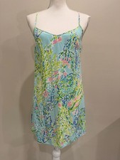 Lilly Pulitzer Dusk Slip Dress Size XS Sky Blue Heaven Print Lined 100% Silk