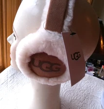 UGG NEW IN BOX EARMUFFS REAL FUR DYE SHEEPSKIN & CHESTNUT LEATHER UGG LOGO MUFFS