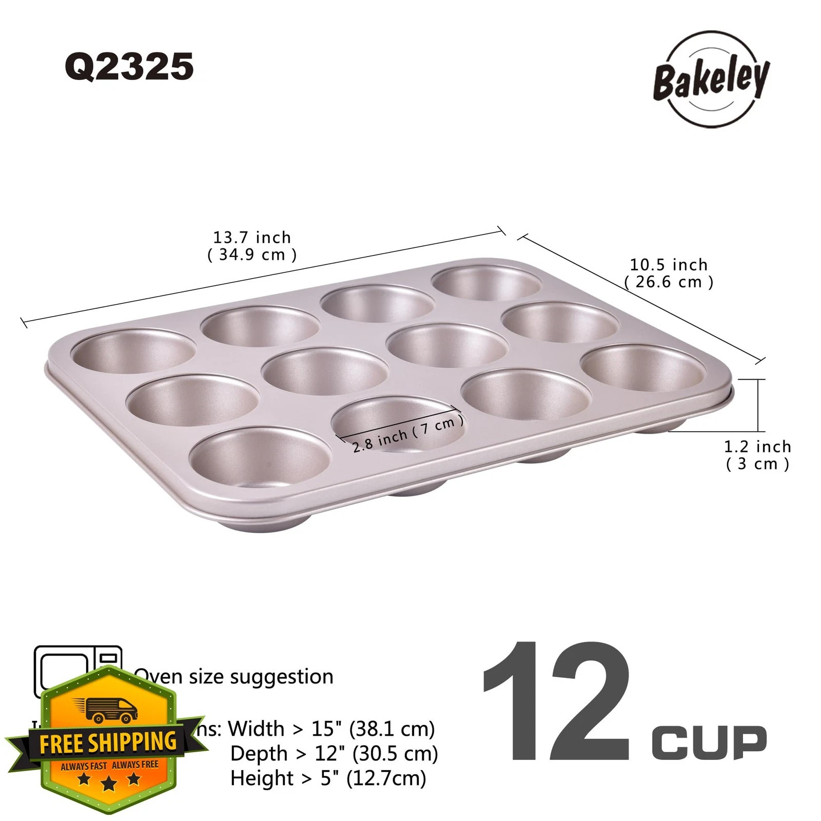 Bakeley Muffin Pan 12-Cavity, Non-Stick Carbon Steel