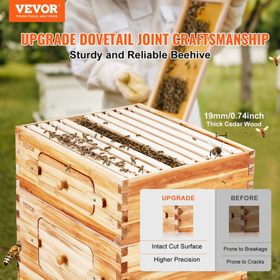 Bee Hive 20 Frame Bee Hives Starter Kit, Beeswax Coated Fir Wood, 1 Deep + 1 Me