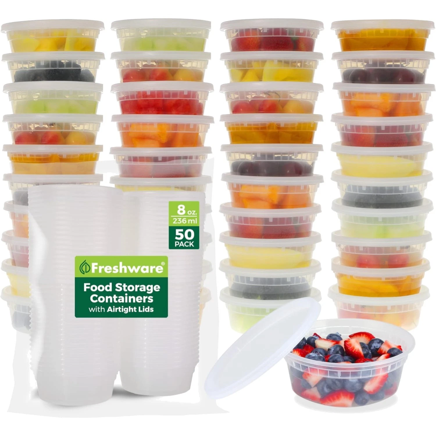 Food Storage Containers 50 Set 8 oz Leakproof Plastic Deli Meal Prep Lids