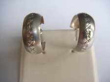 Unusual Brushed Sterling Silver Wide Huggie Earrings w Diamond Star Cut Pattern