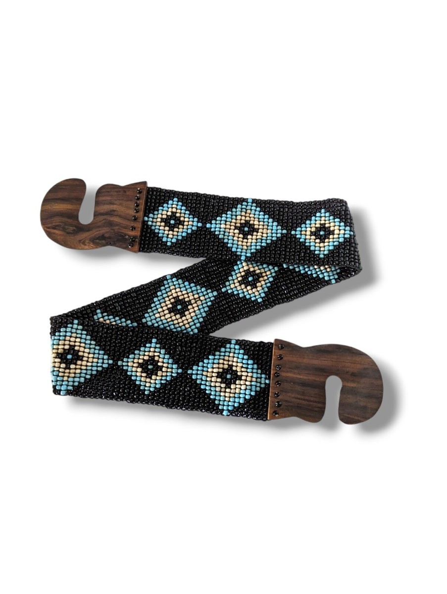 Vintage Boho Hippie Beaded Stretch Belt Wide Blue Tribal Geometric Southwestern Boho Hippie Beaded Stretch Belt Wide Blue Tribal Geometric  main image 4