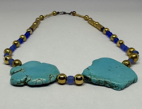 Genuine Slab Turquoise Necklace Swantje-Elke Handmade 925 Glass Bead Necklace - Picture 5 of 23