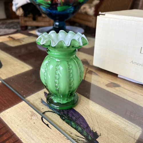 Fenton 4" Mini Beaded Melon Vase Green Overlay Round Ruffled Edge