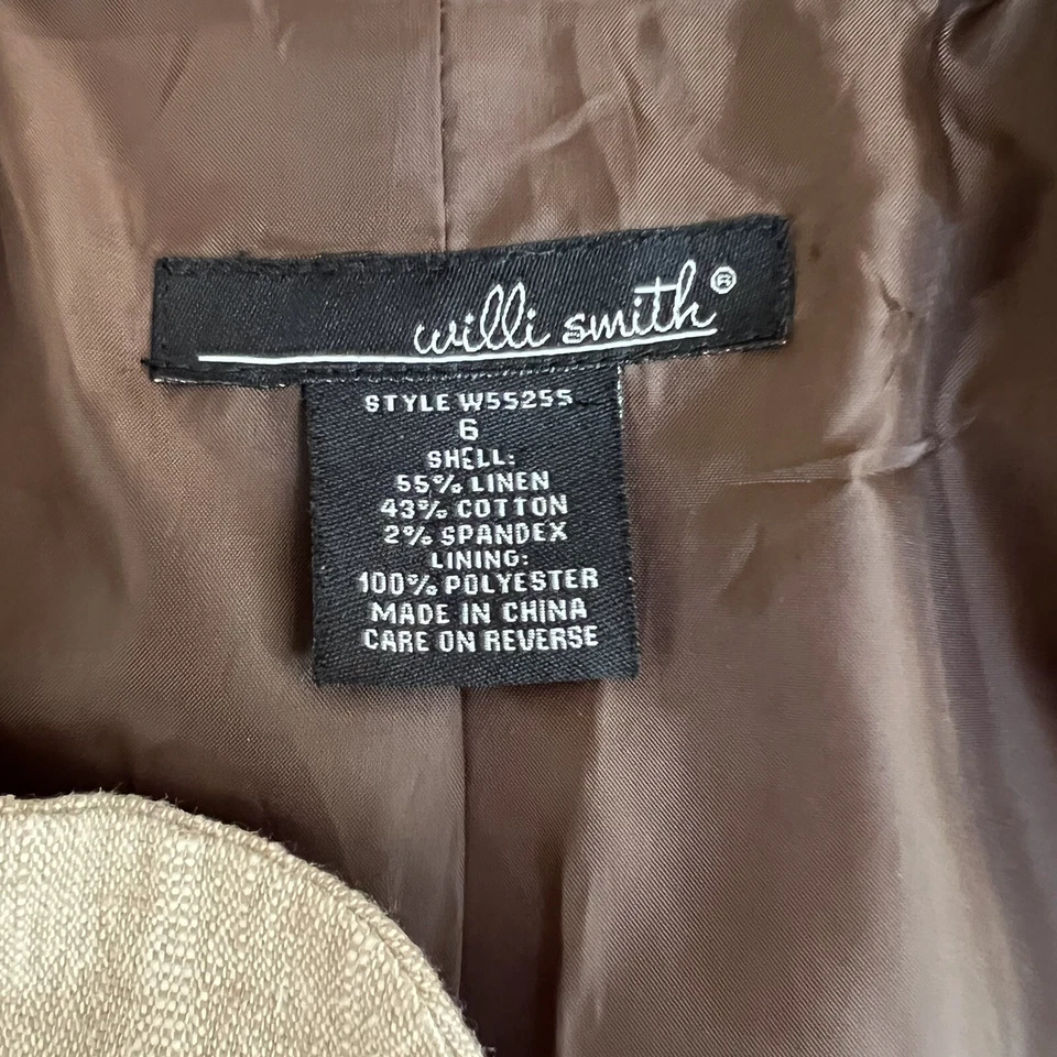 Willi Smith Women's Beige Brown Blazer Linen Blend Jacket Ribbon Drawstring Sz 6 - Image 3 of 4