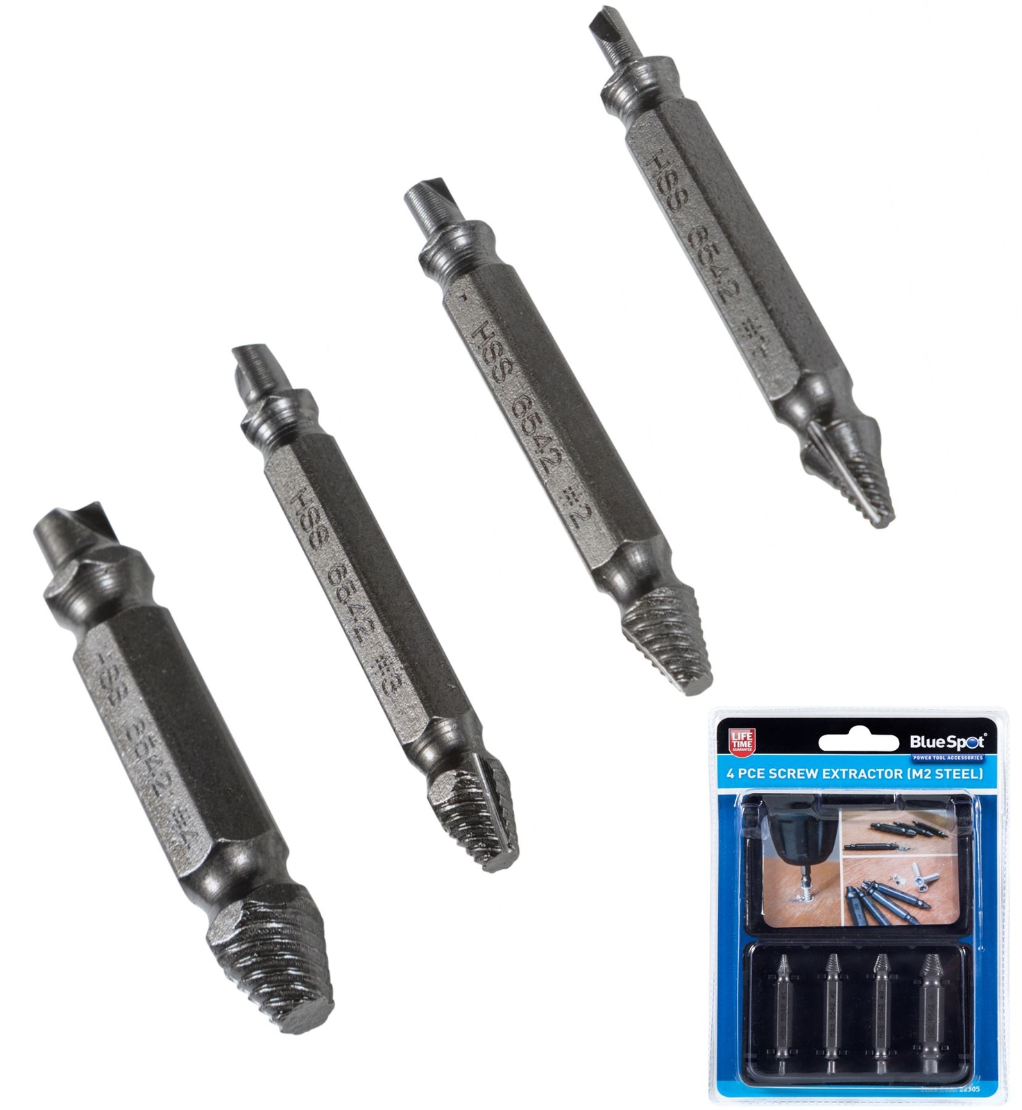 BlueSpot 4pc Damaged Screw Remover Broken Bolt Extractor Bit Tool Drill Bit Set