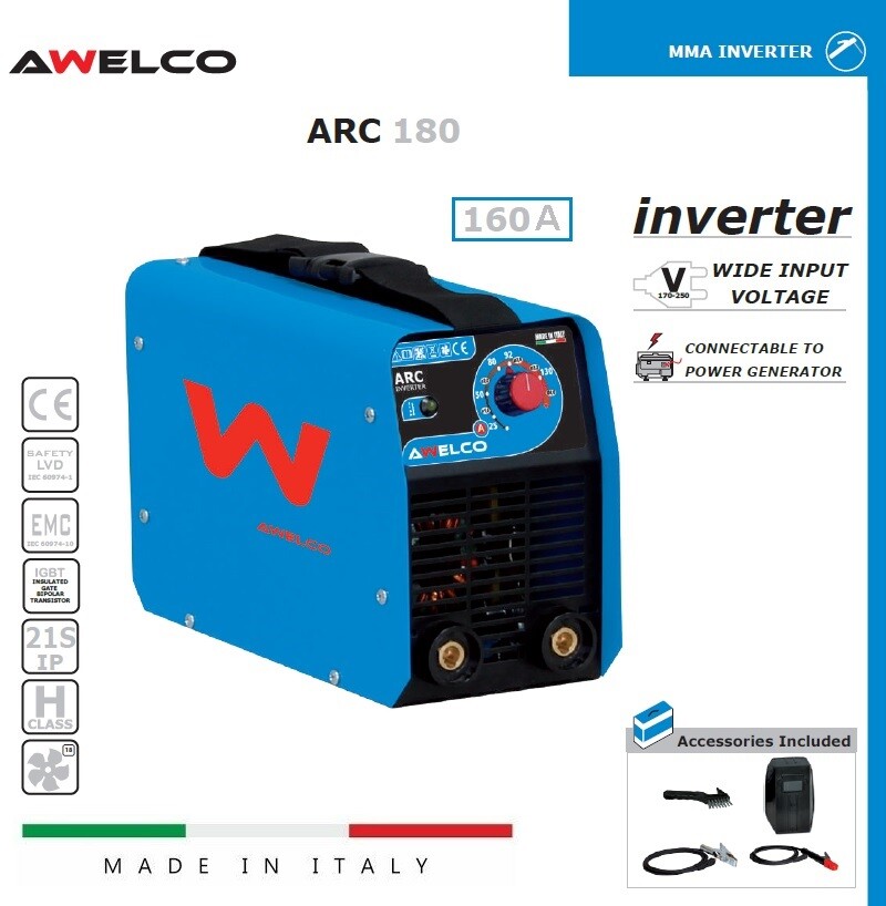 SALDATRICE INVERTER 160 A AMP AWELCO ARC180 COMPLETA DI  ACCESSORI