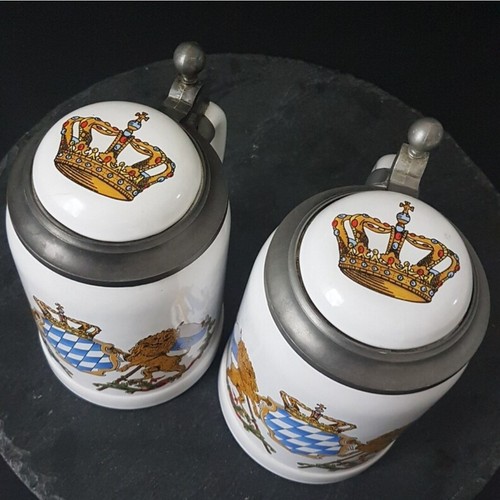 One Gerz Beer Stein 94% Zinn Pewter Lid Bayern Germany Coat of Arms Half Liter - Picture 4 of 10