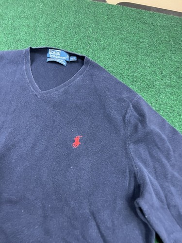 Polo Ralph Lauren Sweater Fits Larg V-Neck Pima Cotton Navy Pullover Lightweight - Picture 2 of 7