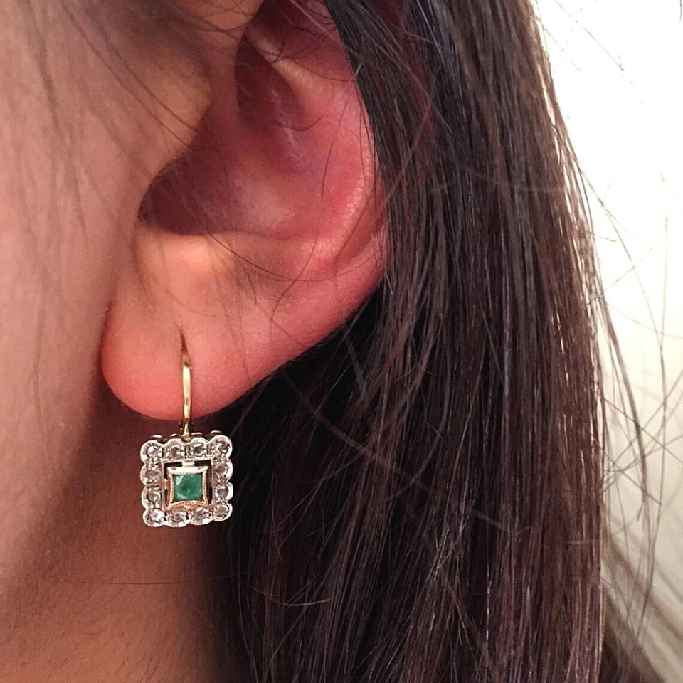 3Ct Round Lab Created Emerald Vintage Leverback Earrings 14K Yellow Gold Finish - Image 3 of 3