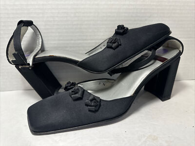 Enzo Angiolini 8 N black sateen ankle strap chunky Heels square toe sandals G-3