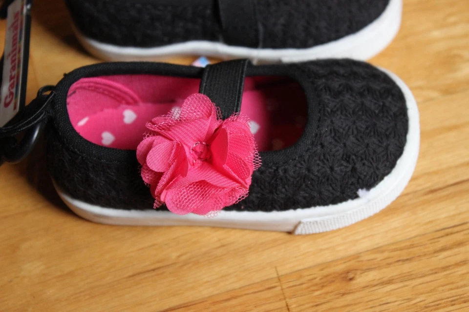 Bebé Niño Niña Rosa Flor Negro MARYJANES Zapatos con Correa Elástica NUEVO CON ETIQUETAS 4 Foto 2 de 4