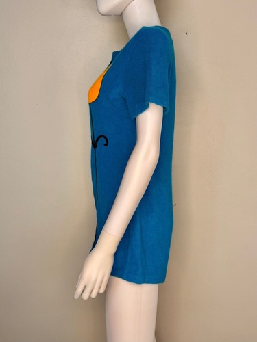 Vintage 1960s Aqua Terrycloth Romper Orange Floral Appliqué 60s Shorts Beach Mod - Picture 3 of 6