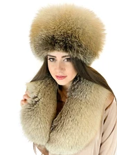Golden Island Fox Fur Collar 40' (100cm) And Pillbox Hat With Leather Set Saga