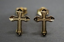 14K Solid Yellow Gold Men Women Children Crucifix Religious Cross Stud Earrings.