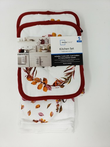 Mainstays 5 Pc Kitchen Set - 2 Dish Towels, 2 Pot Holders, & 1 Oven Mitt - 第 1/2 張圖片